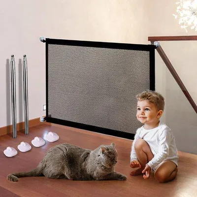 Zdjęcie produktu dla Uniqoos® Barierka ochronna do schodów, montowana bez wiercenia, 110 x 79 cm – barierka do drzwi i dla małych psów i dzieci, łatwy montaż, konstrukcja siatkowa