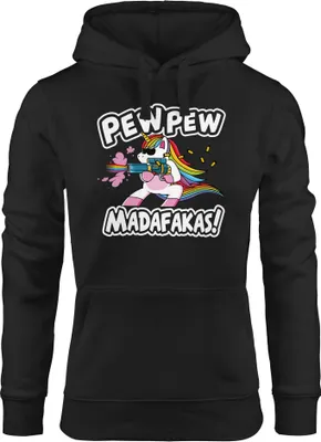 Produktbild von Kapuzen-Pullover Damen Pew Pew Madafakas böses Einhorn Regenbogen Unicorn Hoodie Moonworks® schwarz S