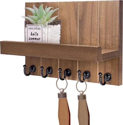 Produktbild von Wandmontierter Schlüsselhalter, hölzerner Wandschlüsselhalter mit 5 Schlüsselhaken, für Wohnzimmer, Badezimmer, Küche, Flure, Korridore (Braun)