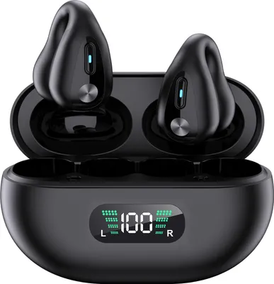 A pair of black wireless earbuds in their charging case, with the charging case lid open.