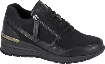 A black women's sneaker with a side zipper and laces.