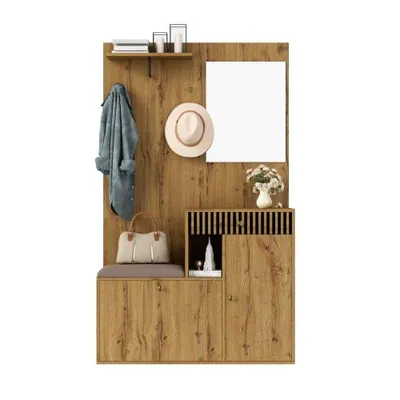 Immagine prodotto di AIORBER Set di armadi moderni con specchio e cuscini imbottiti - Armadio da corridoio compatto con scaffale, scarpiera e pannelli per corridoio e ingresso 110x185,5x37cm