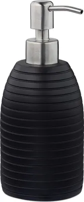 Produktbild von Relaxdays Seifenspender, 300 ml, nachfüllbar, Bad, WC, Küche, Flüssigseifenspender, Polyresin, Edelstahlpumpe, schwarz