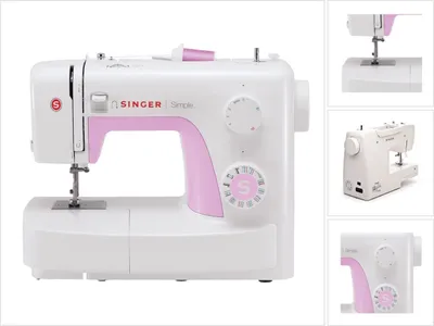 A white and pink SINGER sewing machine is shown against a white background. The image is a composite of the main product shot and three smaller detail shots.