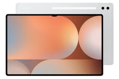 A silver Samsung tablet is shown from the front and back, displaying a colorful wallpaper on its screen.