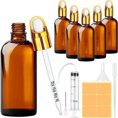 Imagen del producto de Botellas de vidrio para pipetas, 2 de 100 ml y 2 de 10 ml, con embudos y etiquetas, para aceites esenciales