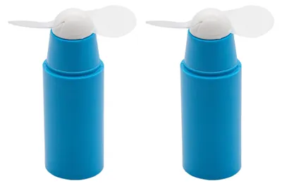 Two blue mini fans with white tops and clear plastic fan blades are shown against a white background.