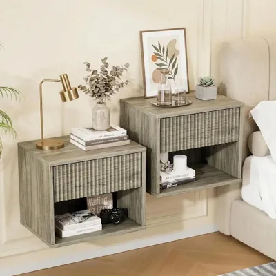 Produktbild von Nachttisch Hängend 2er Set Nachtschrank 40x30x33cm Grau Eiche