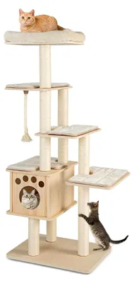 Produktbild von 6-stöckiger Kratzbaum aus Holz, 170 cm Katzenbaum mit gemütlichen Matten, Höhle und Sisalseil, großer Katzenkratzbaum, Kletterbaum, Aktivitätsbaum, Spielbaum, Beige