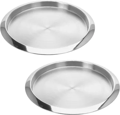 Produktbild von 2X rundes Edelstahl-Tablett, ø 35 cm, silbernes Servier-, Frühstücks- und Dekotablett