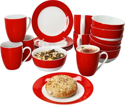 Obrázek produktu pro 18dílná snídaňová sada Variant červený porcelán 6 osob talíř miska hrnek