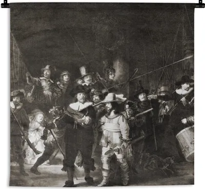 Produktbild von MuchoWow® Wandteppich Wandbehang Die Nachtwache in Schwarz und Weiß - Rembrandt van Rijn 150x150 cm Tapisserie Dekoration Wandtuch - Wohnaccessoires - Modernes