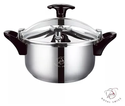 A studio shot of a silver pressure cooker with black handles and lid knob, set against a white background.