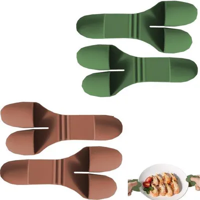 Zdjęcie produktu dla Rękawice silikonowe do pieczenia Unyqoos® z 3 palcami – odporne na wysokie temperatury i antypoślizgowe, ergonomiczne, 2 pary (zielone + brązowe) do piekarnika, frytkownicy, grilla, mikrofalówki