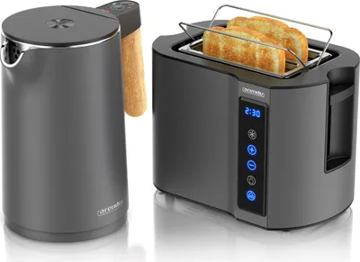 Obrázek produktu pro Snídaňová sada Arendo z nerezové oceli, rychlovarná konvice s nastavením teploty 1,5 l, topinkovač 2 plátky s krátkou štěrbinou, rohlík, dotykový, Cool Grey