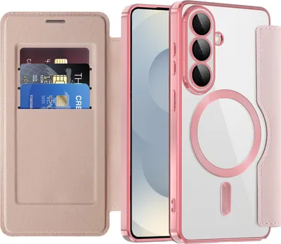 Produktbild von Klapphülle für Samsung Galaxy S26 Kompatibel mit Magsafe, Klar Überzug Kartenhalter Ledertasche mit Kameraschutz Pink
