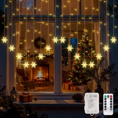 LED Lichtgordijn mit Schneeflocken, 2x1 m, 104 LEDs, warmweiß, 8 Modi, IP44