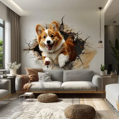 Productafbeelding van Decords Wanddecoratie – Speelse Corgi met 3D-effect, alsof hij door de muur breekt, 201 cm