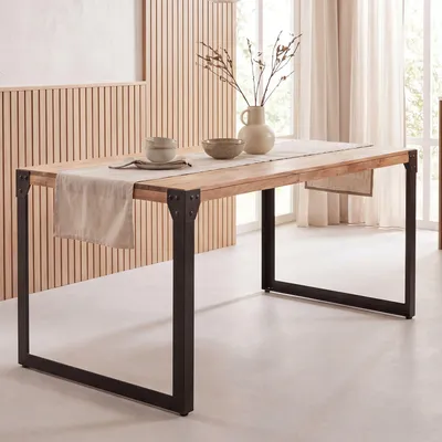 Obrázok produktu pre Jedálenský stôl FineBuy, obdĺžnikový, 120 cm, z masívneho akáciového dreva – malý jedálenský stôl v industriálnom štýle s kovovou konštrukciou, drevený kuchynský stôl pre 4–6 osôb