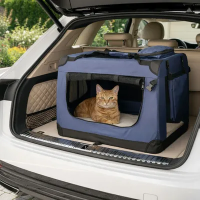 Immagine prodotto di Trasportino per gatti Belviona, borsa da trasporto leggera e robusta, pieghevole con finestre in rete, cuscino interno e tasche, 70x52x50 cm, blu navy