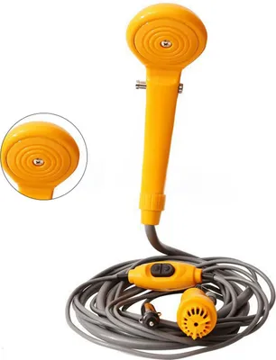 Imagen del producto de Ducha portátil para coche con ajuste de volumen de agua, ideal para lavar mascotas, verduras, o para usar en campamentos. Funciona con corriente continua de 12V. Color: amarillo