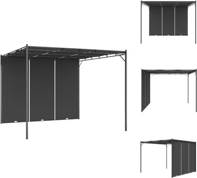 Multiple views of a gray garden gazebo with side curtains.