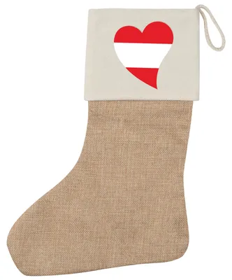 Produktbild von Huuraa Weihnachtsstrumpf Österreich Flagge Herz Beige Jute Kaminstrumpf Geschenkidee