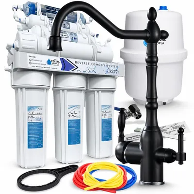 Produktbild von Wasserfilter Set RO7 mit 3-Wege Küchenarmatur Retro 2 Schwarz Matt, 7-stufige Filtration, Mineralisierung, Osmoseanlage