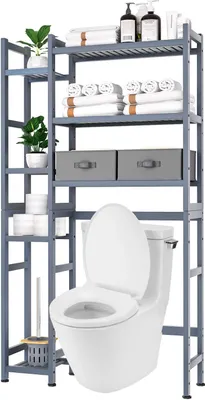 Produktbild von Yorbay Toilettenregal mit 2 Körben, Badregal Badezimmerregal，Bambus WC Regal, 3-stöckiges Verstellbar Badregal mit Wasserdichtes Fußpolster,Grau