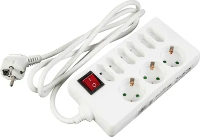 A white power strip with multiple outlets and a red on/off switch, connected to a white power cord and plug.
