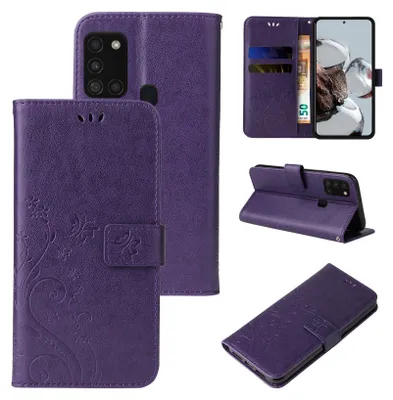 Produktbild von Handyhülle für Samsung Galaxy A21s Floral Blumen Schmetterling Flip Cover Hülle Case Klapphülle Handytasche Farbe: Violett