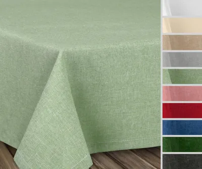 A close-up of a light green tablecloth with a linen-like texture, draped over a table. To the right, a vertical strip displays swatches of various tablecloth colors.