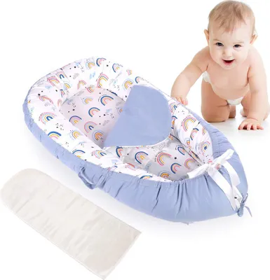 Image de Nid d'ange avec matelas, lit portable pour nouveau-né de 0 à 24 mois, doux, lavable en machine, léger(Gris/ Arc-en-ciel)