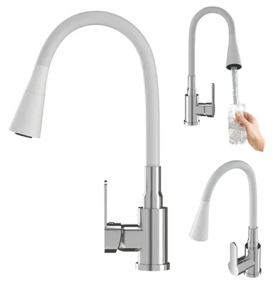 Zdjęcie produktu dla Granitan | FLEXO – bateria kuchenna – elastyczny wylew – biała, chromowana – mosiężna