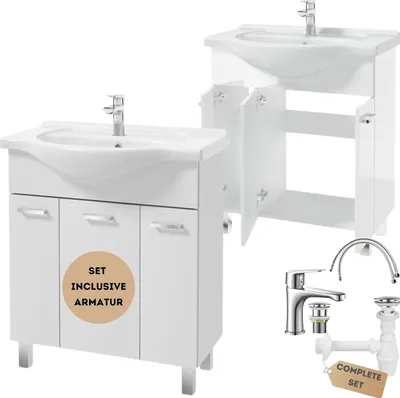 Produktbild von DomoDomo waschbecken mit unterschrank stehend Badmöbel Set 85x75x34 cm, weißer Hochglanz, Waschbeckenunterschrank mit Waschbecken und Armatur