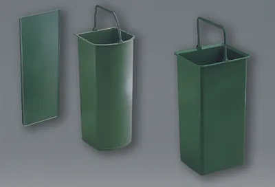 Three green bins and a flat panel are displayed against a gray background.