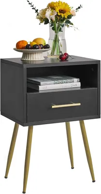 Image de Table de chevet de 32,6 x 15,1 x 43,29 cm, avec 2 étagères, pour chambre à coucher, de couleur noire