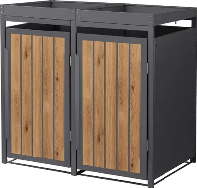 Produktbild von ML-Design Mülltonnenbox 2er mit Pflanzdach, Mülltonnenverkleidung für 2 Tonne, 240L, 132x80x124 cm Anthrazit-Holzoptikl aus Stahl, Müllbox mit Tür
