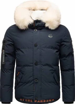 Produktbild von Stone Harbour Herren Winterjacke Steppjacke Parka Teddyfell warm gefüttert Kapuze Halvaar Navy mit Weißem Fell Größe. XXL