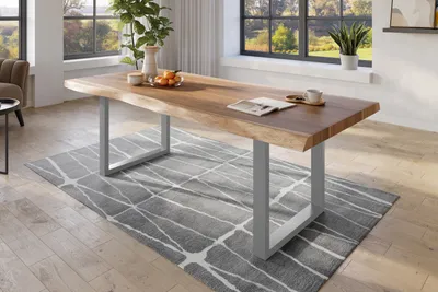 Produktbild von Baumkantentisch 240 x 120 cm Esstisch massiv Akazie Natur U-Gestell Silber TITAN