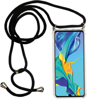 Zdjęcie produktu dla Łańcuszek do telefonu Huawei P30 - naszyjnik na smartfona z paskiem - sznurek z etui do zawieszenia w kolorze czarnym