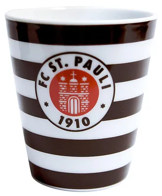Produktbild von FC St. Pauli Kaffeebecher Logo Streifen Braun-Weiß, Original Fanartikel, Gestreifter Becher mit Vereinslogo 250 ml, 100% Keramik