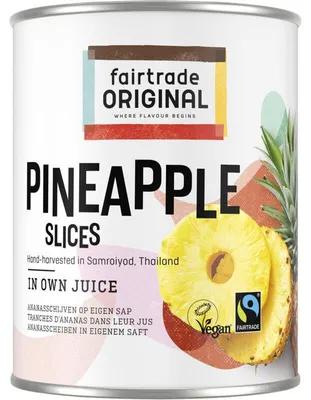 Obrázek produktu pro Fairtrade originální ananasové plátky ve šťávě 565 g - Fairtrade, šťavnaté, lahodné