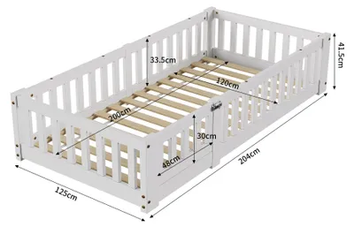 Image de Lit bébé - Lit à hauteur du sol avec barrière de sécurité - Bois massif - Rangement intégré - Lit simple - 120 x 200 cm - Blanc
