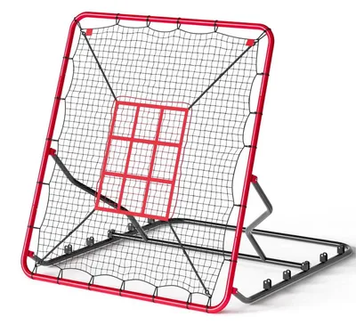 Zdjęcie produktu dla Siatka do odbicia piłek baseballowych – siatka treningowa 122×137 cm – 5 regulowanych kątów – odporna na promieniowanie UV – wytrzymała – przenośna – do baseballu i softballu – czerwona