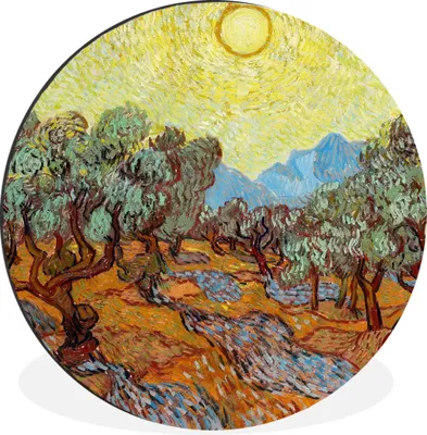 Obrázok produktu pre MuchoWow® Hliníkový stenový kruh - Olivovníky so žltou oblohou a slnkom - Vincent van Gogh - 90