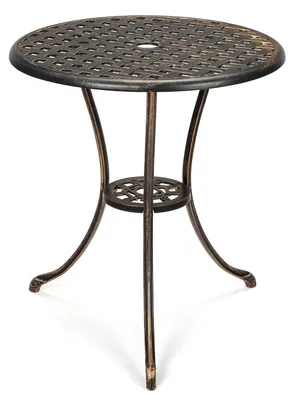 Produktbild von Terrassentisch für außen - Runder Bistro-Gartentisch 60 cm - Gussaluminium - Wetterfest - Mit Schirmloch - Balkon & Garten - Bronze