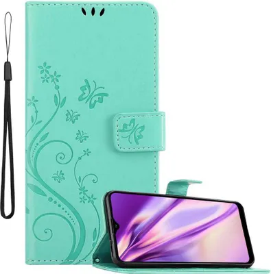 A turquoise phone case with a floral and butterfly design is shown open, with a smartphone displaying a colorful screen inside.