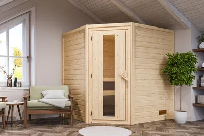 Produktbild von Karibu Sauna Innensauna Mia Eckeinstieg  Ofen 9 kW integr. Strg  224x184x202 cm mit Dachkranz  mit Energiespartür
