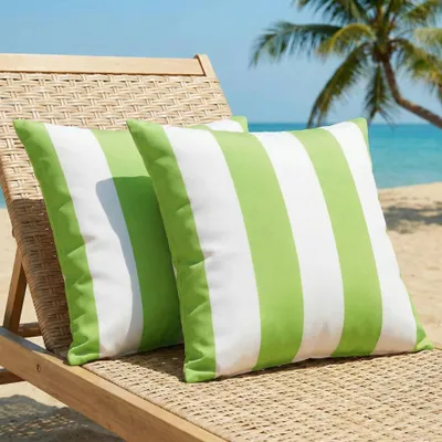 Produktbild von Wasserdichte Outdoor-Kissenbezüge 40x40 cm, 2er-Set, grün gestreift, moderne Gartenkissenbezüge, dekorative Kissenbezüge für Strand, Sommersofakissen für Sofa, Balkon, Camping